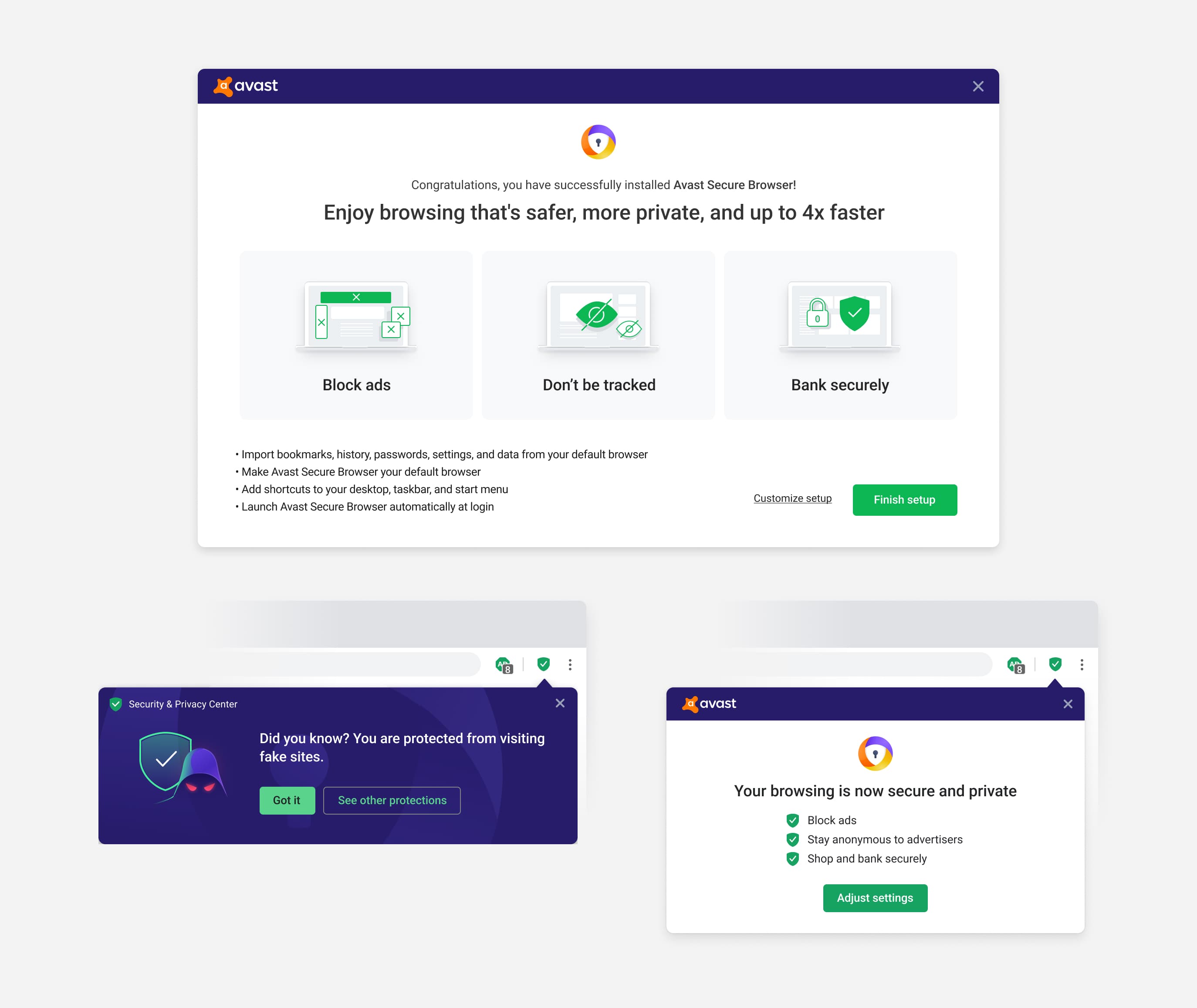 Avast Browser onboarding flow dialogs